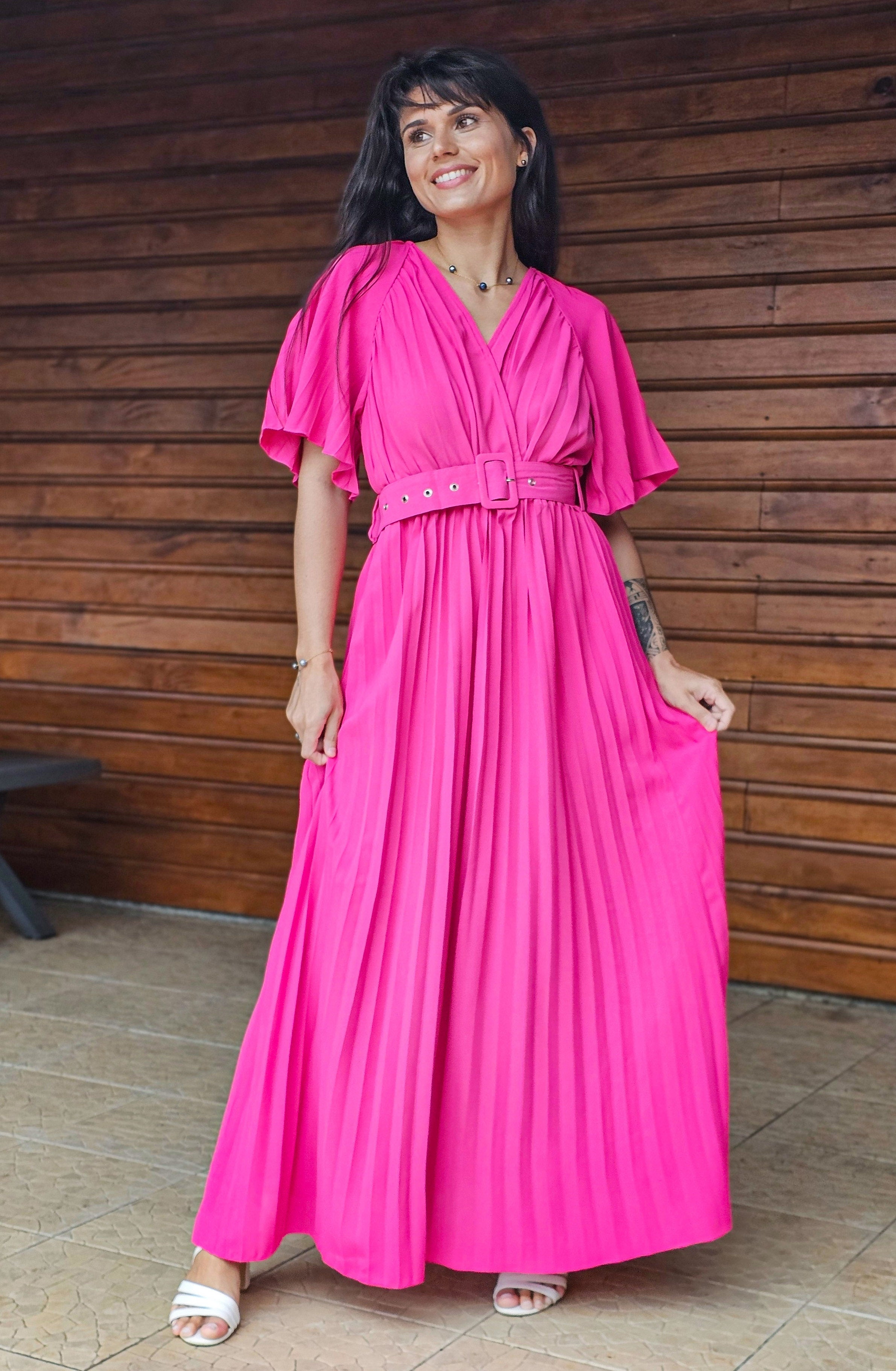 Robe longue plissée rose sale